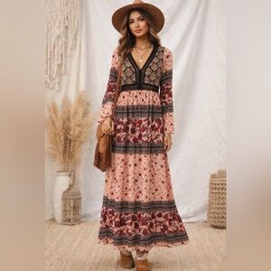 Flying Tomato Boho Festival Maxi Dress~Floral Crochet Waist~Anthro Style~ Small